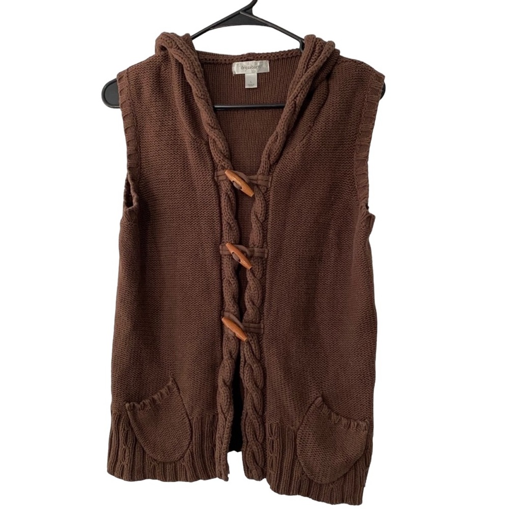 Dressbarn Y2K Brown Cable Knit Hooded Cotton Sweater Vest